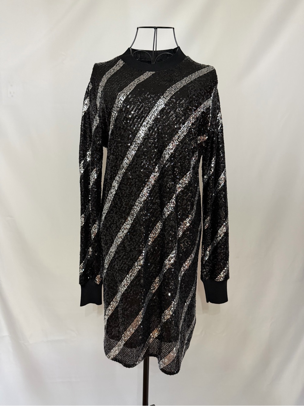 All Saints Black and Silver Diagonal Sequin Long Sleeve Dress